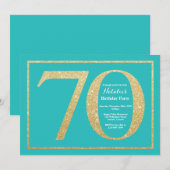 70e Verjaardagsuitnodiging Blauwgroen en Gold Glit Kaart (Voorkant / Achterkant)