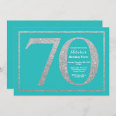 70e verjaardagsuitnodiging Blauwgroen en Silver Gl Kaart (Voorkant / Achterkant)