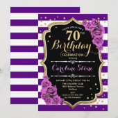 70e Verjaardagsuitnodiging Paarse Goud met Rozen Kaart (Voorkant / Achterkant)