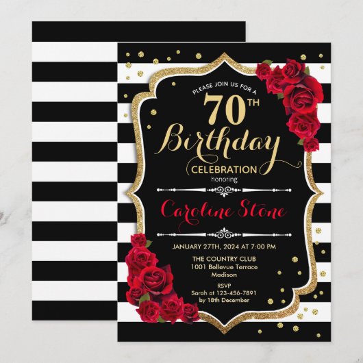 70e Verjaardagsuitnodiging Zwart Wit Strepen Rozen Kaart (Voorkant / Achterkant)