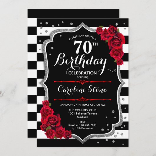 70e Verjaardagsuitnodiging Zwart Wit Strepen Rozen Kaart (Voorkant / Achterkant)