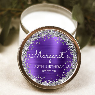 70e verluisterfeestje paarse zilveren glitter ronde sticker