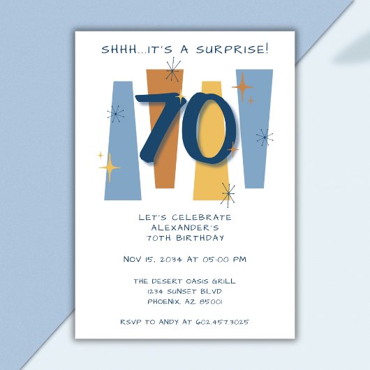 70e Verrassing Verjaardag Retro Masculine Blue Kaart