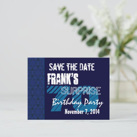 70e Verrassing Verjaardag Save the Date Blue Patte Aankondigingskaart (Staand voorkant)