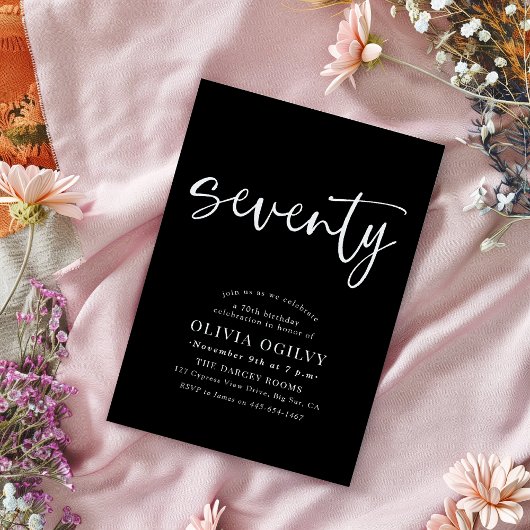 70e Wit op Black Birthday Party Modern Script Kaart