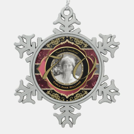 70e Zeventigste Gold Ruby Diamonds Foto Lijst Tin Sneeuwvlok Ornament (Voorkant)