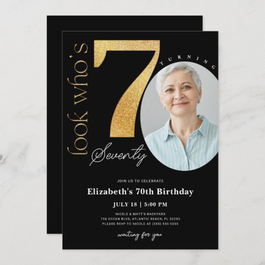 70e zwarte gouduitnodiging met foto kaart (Voorkant / Achterkant)