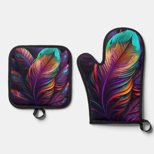 70s 60s Psychedelic Feathers  Ovenwant & Pannenlap Set (Voorkant)