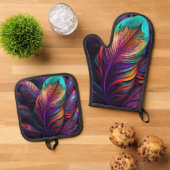 70s 60s Psychedelic Feathers Ovenwant & Pannenlap Set (Top down)