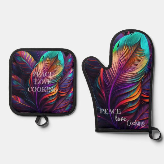 70s 60s Psychedelic Feathers Ovenwant & Pannenlap Set (Voorkant)