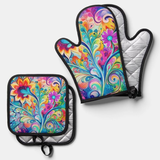 70s 60s Psychedelic Hippy Retro Hip Ovenwant & Pannenlap Set (Voorkant / Achterkant)