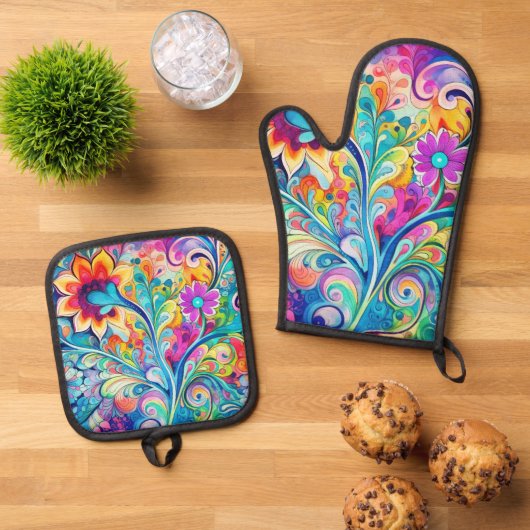 70s 60s Psychedelic Hippy Retro Hip Ovenwant & Pannenlap Set (Top down)