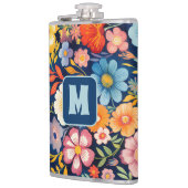 70s 60s Retro Bloemen Monogram Blauw en Sinaasappe Heupfles (Links)