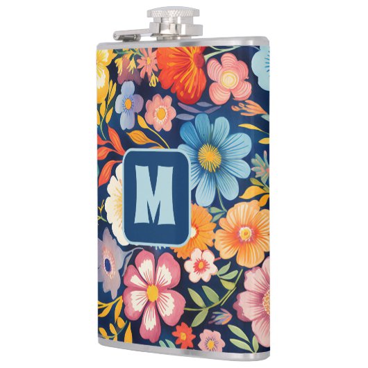 70s 60s Retro Bloemen Monogram Blauw en Sinaasappe Heupfles (Links)