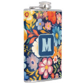 70s 60s Retro Bloemen Monogram Blauw en Sinaasappe Heupfles (Rechts)