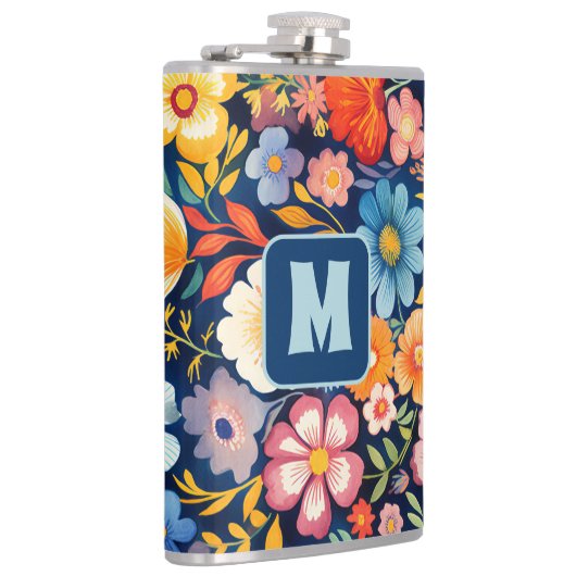 70s 60s Retro Bloemen Monogram Blauw en Sinaasappe Heupfles (Rechts)