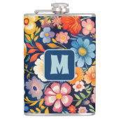 70s 60s Retro Bloemen Monogram Blauw en Sinaasappe Heupfles (Voorkant)