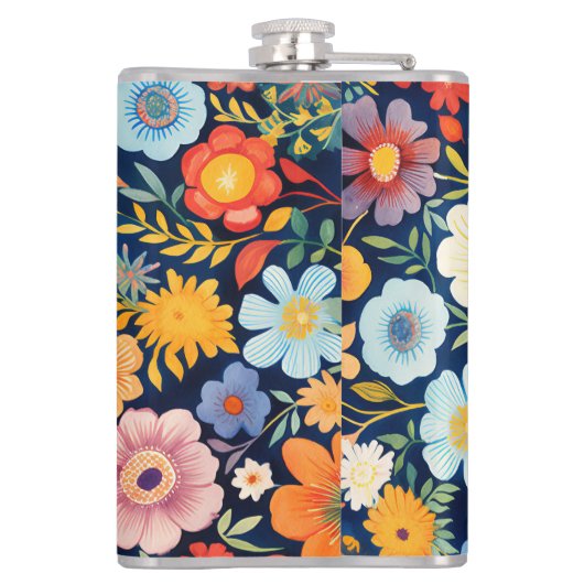 70s 60s Retro Bloemen Monogram Blauw en Sinaasappe Heupfles (Achterkant)