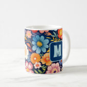 70s 60s Retro Bloemen Monogram Blauw en Sinaasappe Koffiemok (Voorkant rechts)