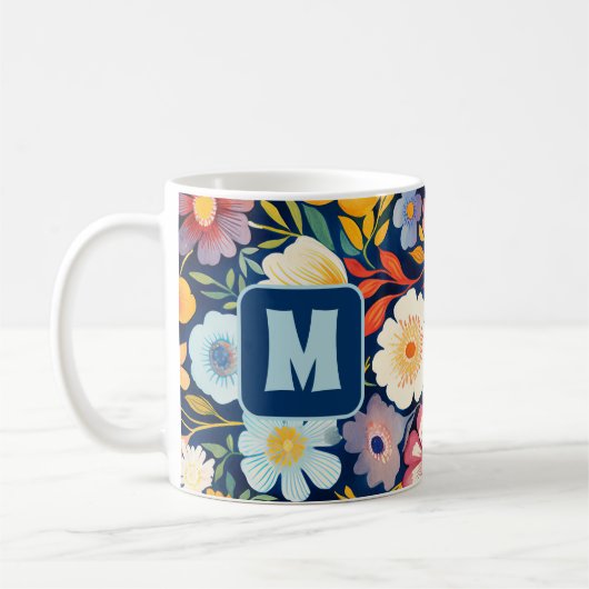 70s 60s Retro Bloemen Monogram Blauw en Sinaasappe Koffiemok (Links)