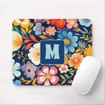 70s 60s Retro Bloemen Monogram Blauw en Sinaasappe