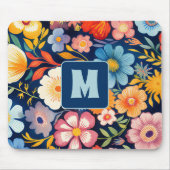 70s 60s Retro Bloemen Monogram Blauw en Sinaasappe Muismat (Voorkant)