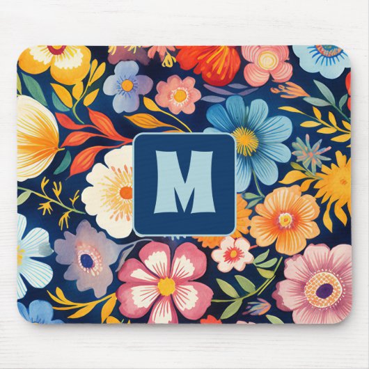 70s 60s Retro Bloemen Monogram Blauw en Sinaasappe Muismat (Voorkant)