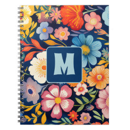 70s 60s Retro Bloemen Monogram Blauw en Sinaasappe Notitieboek