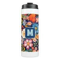 70s 60s Retro Bloemen Monogram Blauw en Sinaasappe