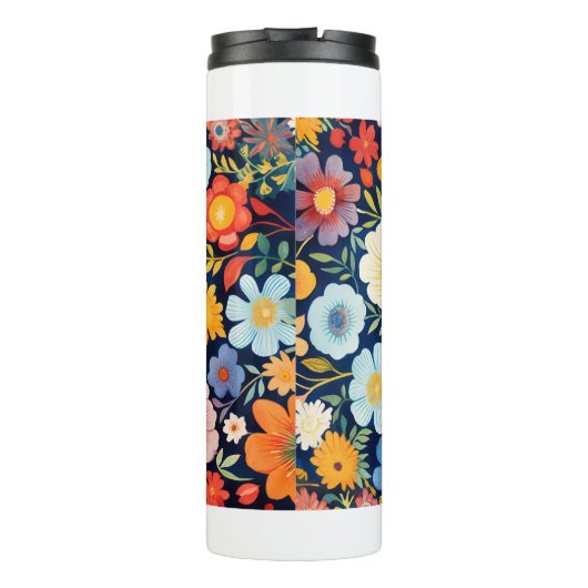 70s 60s Retro Bloemen Monogram Blauw en Sinaasappe Thermosbeker (Achterkant)