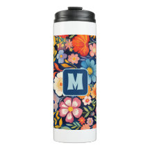 70s 60s Retro Bloemig Monogram Blauwe en Oranje 