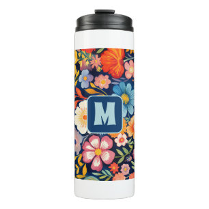 70s 60s Retro Bloemig Monogram Blauwe en Oranje Thermosbeker