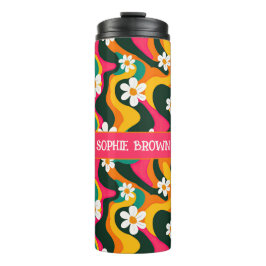 70s Bloemen Retro Patroon met Naam Kleurrijk Thermosbeker