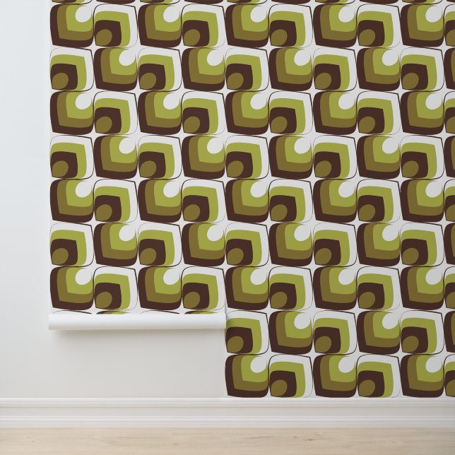 70s Bold Modern Retro Ogee Motif in Greens Behang (Applicatie)