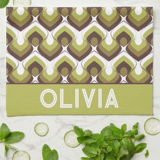 70s Bold Modern Retro Ogee Motif in Greens Theedoek (Gevouwen)