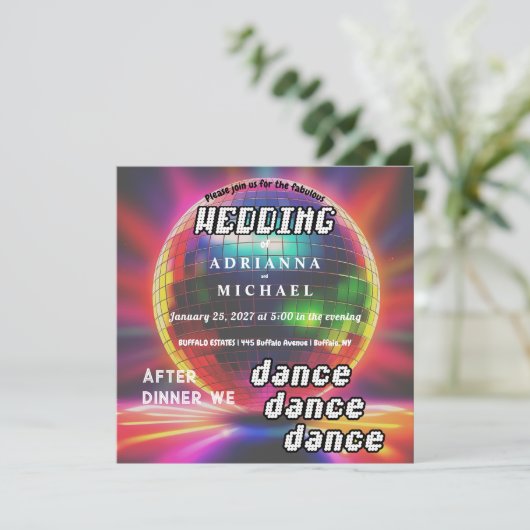 70s Disco Ball Retro Nostalgie bruiloft uitnodigin Kaart (Staand voorkant)