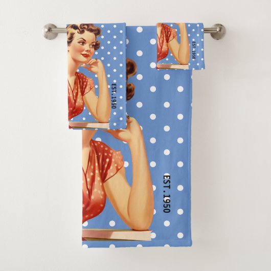 70s Elegant uniek retro kunstwerk Polka dots Blauw Bad Handdoek (Insitu)