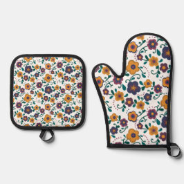 70's Folk Art Ditzy Retro Daisy in Jewel Tones Ovenwant & Pannenlap Set