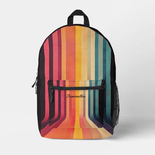 70s Geïnspireerde Retro Stripes Aangepaste Naam Bedrukte Rugzak (Voorkant)