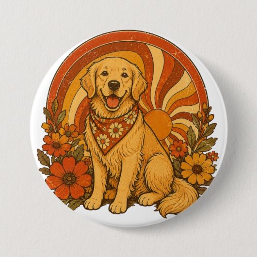 70s Groovy Golden Retriever Ronde Button 7,6 Cm (Voorkant)