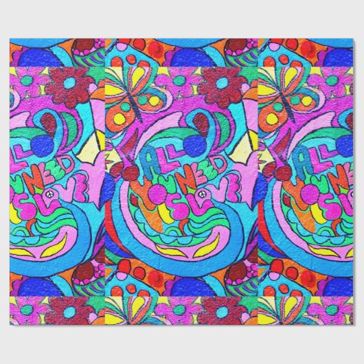 70's hippie peace and love wrapping paper cadeaupapier (Vlak)