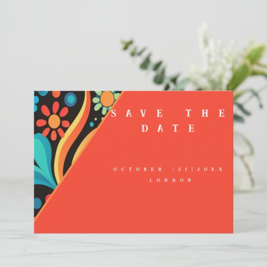 70's levendige stijl save the date (Staand voorkant)