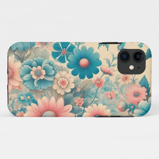 70s  Meadow Blauw & Roze Bloemen Case-Mate iPhone Case (Achterkant (horizontaal))