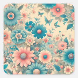 70s  Meadow Blauw & Roze Bloemen Vierkante Sticker
