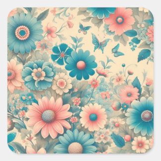 70s Meadow Blauw & Roze Bloemen Vierkante Sticker