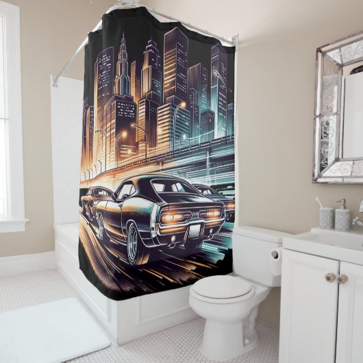 70s Muscle Car Cityscape Douchegordijn (In situ)