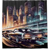 70s Muscle Car Cityscape Douchegordijn (Voorkant)