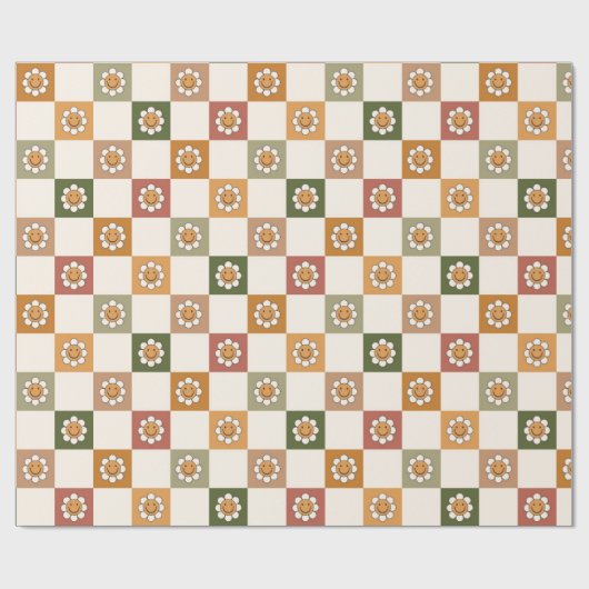 70s Nostalgie Retro Gelukkig Gezicht Bloem Kerstmi Cadeaupapier (Vlak)