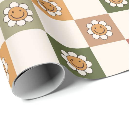 70s Nostalgie Retro Gelukkig Gezicht Bloem Kerstmi Cadeaupapier (Rol Hoek)