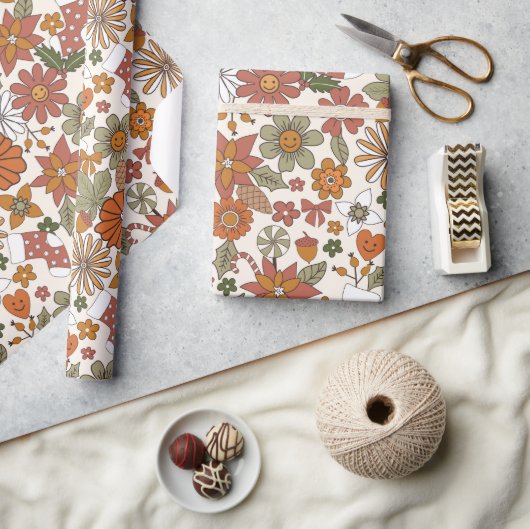 70s Nostalgie Retro Groovy Bloem Kerstmis Cadeaupapier (Crafts)